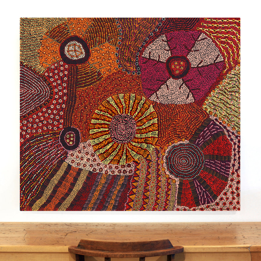 Aboriginal Artwork by Faye Nangala Hudson, Warlukurlangu Jukurrpa (Fire country Dreaming), 122x107cm