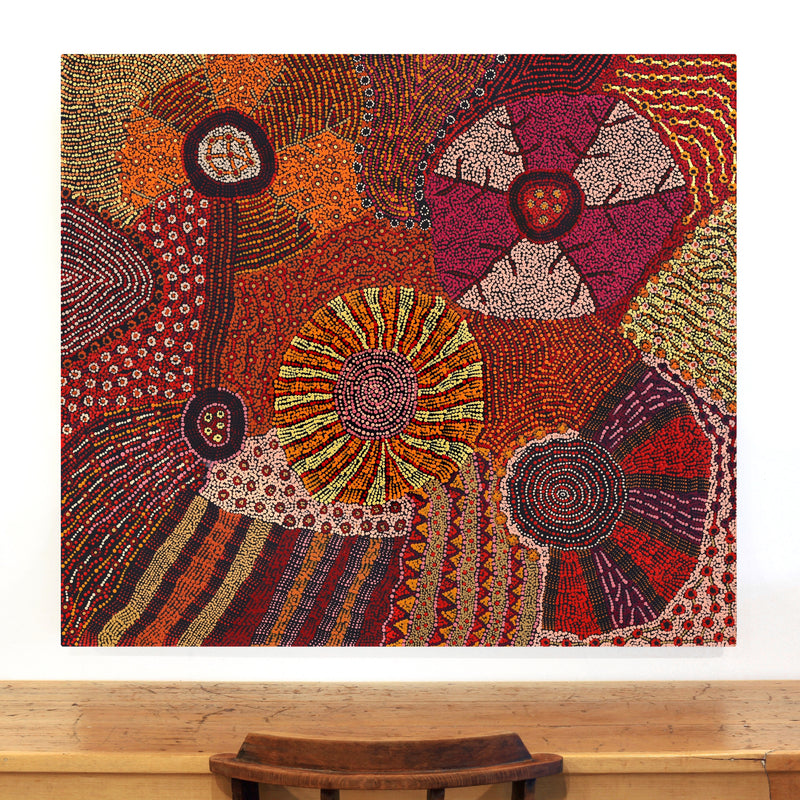 Aboriginal Artwork by Faye Nangala Hudson, Warlukurlangu Jukurrpa (Fire country Dreaming), 122x107cm