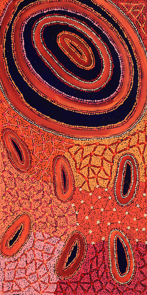 Aboriginal Artwork by Faye Nangala Hudson, Warlukurlangu Jukurrpa (Fire country Dreaming), 122x61cm
