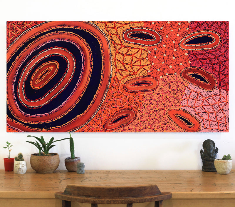 Aboriginal Artwork by Faye Nangala Hudson, Warlukurlangu Jukurrpa (Fire country Dreaming), 122x61cm