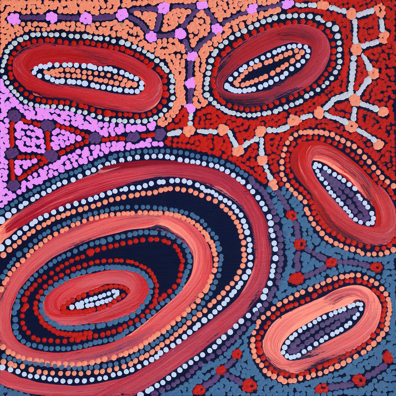 Aboriginal Artwork by Faye Nangala Hudson, Warlukurlangu Jukurrpa (Fire country Dreaming), 30x30cm