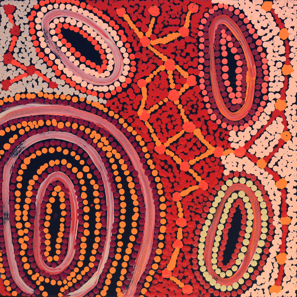 Aboriginal Artwork by Faye Nangala Hudson, Warlukurlangu Jukurrpa (Fire country Dreaming), 30x30cm