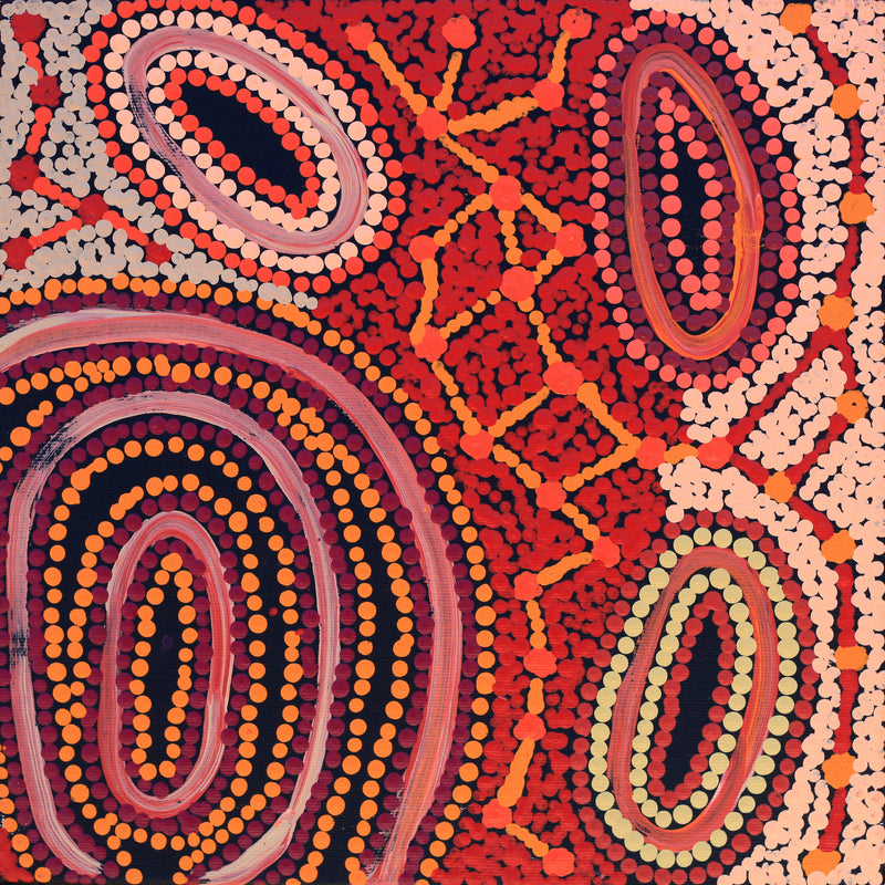 Aboriginal Artwork by Faye Nangala Hudson, Warlukurlangu Jukurrpa (Fire country Dreaming), 30x30cm