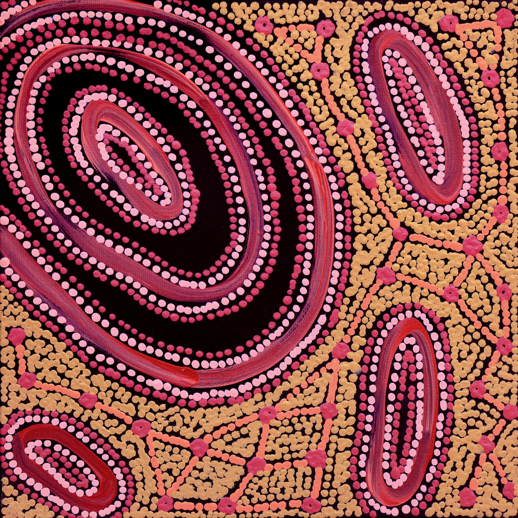 Aboriginal Artwork by Faye Nangala Hudson, Warlukurlangu Jukurrpa (Fire country Dreaming), 30x30cm