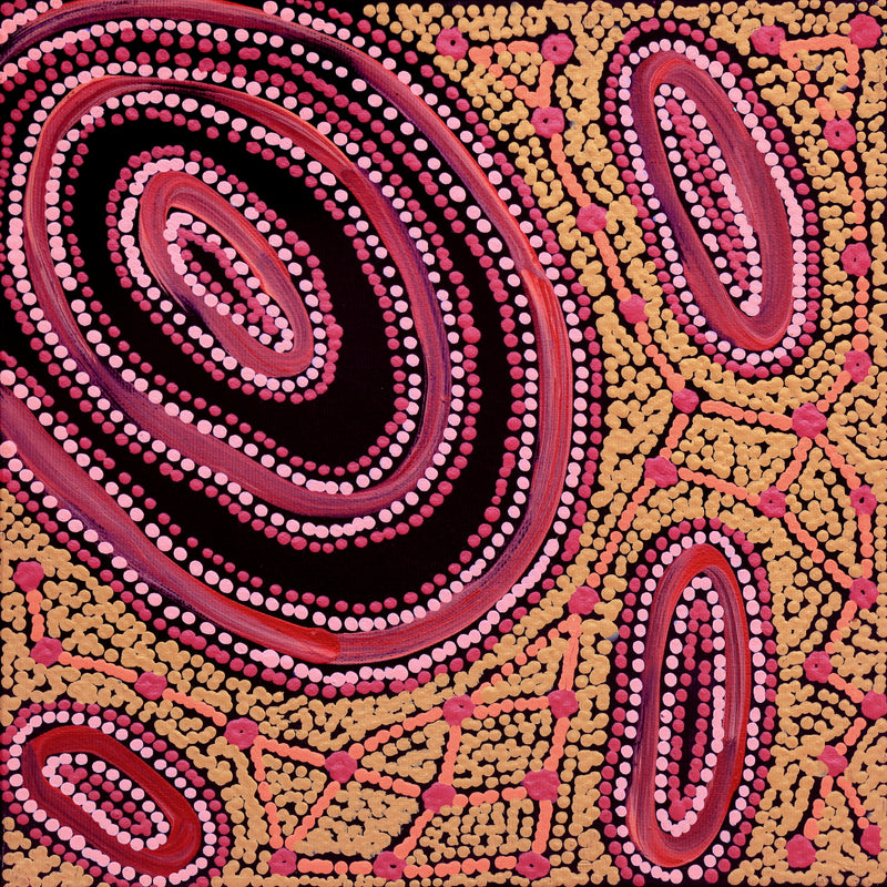 Aboriginal Artwork by Faye Nangala Hudson, Warlukurlangu Jukurrpa (Fire country Dreaming), 30x30cm