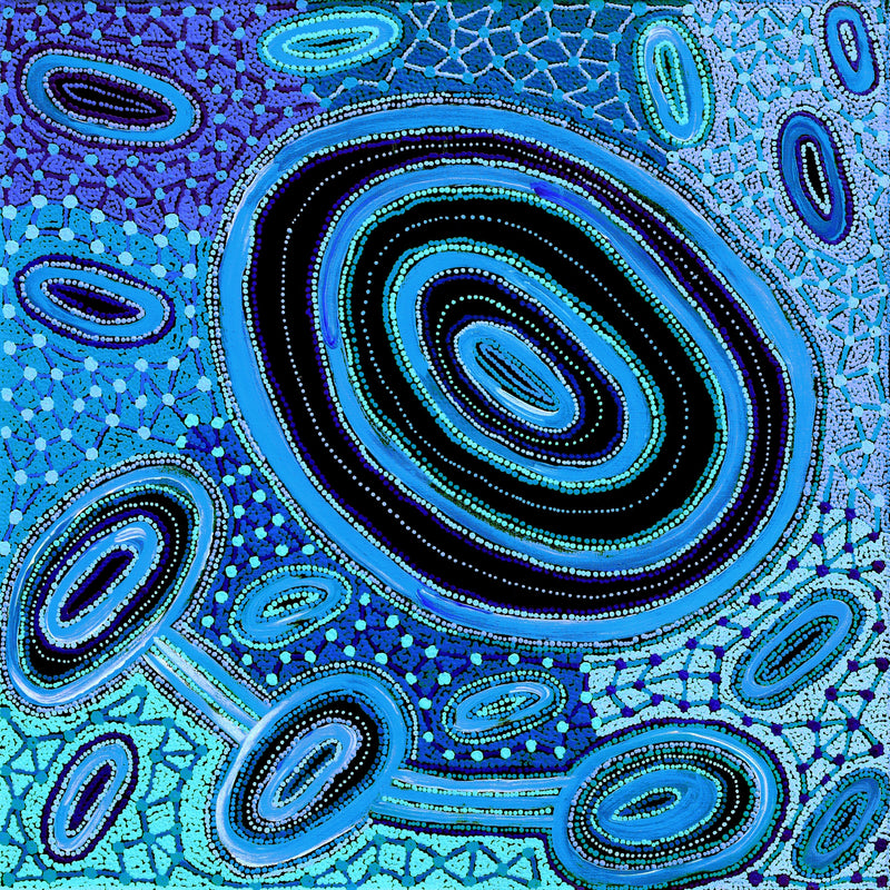 Aboriginal Artwork by Faye Nangala Hudson, Warlukurlangu Jukurrpa (Fire country Dreaming), 91x91cm
