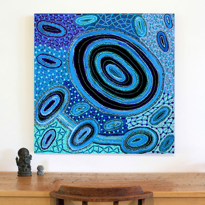 Aboriginal Artwork by Faye Nangala Hudson, Warlukurlangu Jukurrpa (Fire country Dreaming), 91x91cm