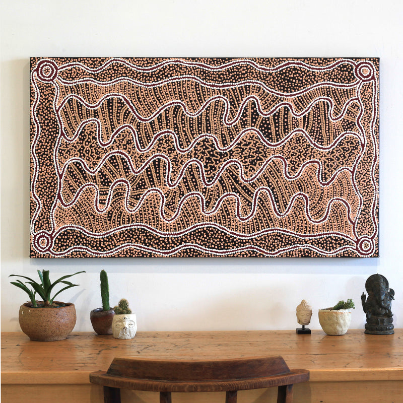 Aboriginal Artwork by Felicity Nampijinpa Robertson, Ngapa Jukurrpa (Water Dreaming) - Puyurru, 107x61cm