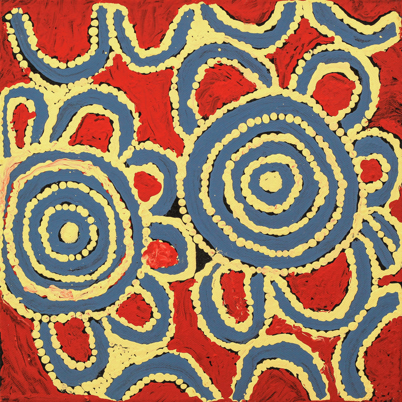 Aboriginal Artwork by Frank Japanangka, Wati Jarra (Two Men Dreaming), 30.5x30.5cm