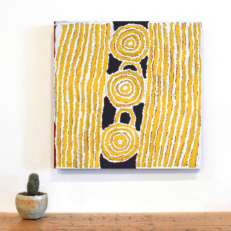 Aboriginal Artwork by Frank Japanangka, Ngapa Jukurrpa (Water Dreaming) - Puyurru, 46x46cm