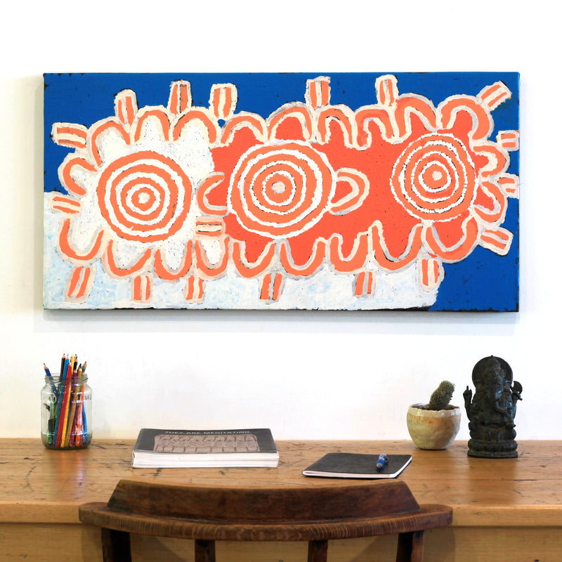 Aboriginal Artwork by Frank Japanangka, Wati Jarra (Two Men Dreaming), 91x46cm