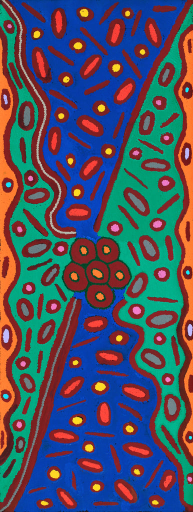 Aboriginal Artwork by Freda Napaljarri Jurrah, Witi Jukurrpa (Ceremonial Pole Dreaming) - Yanjirlpiri, 122x46cm