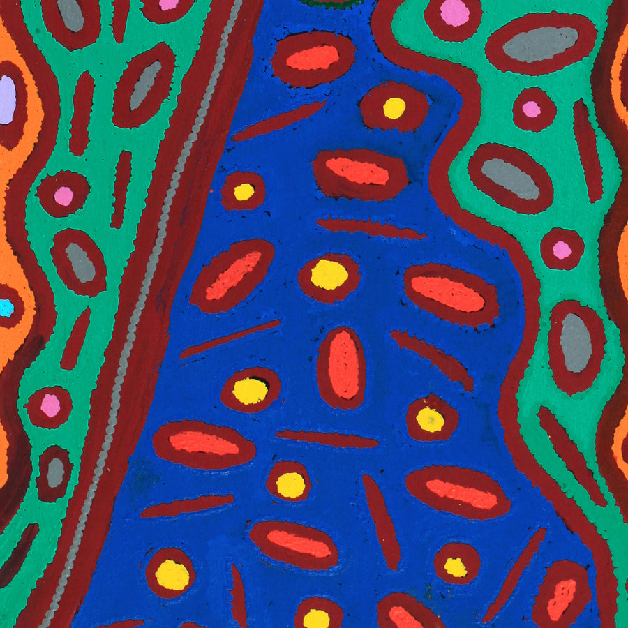 Aboriginal Artwork by Freda Napaljarri Jurrah, Witi Jukurrpa (Ceremonial Pole Dreaming) - Yanjirlpiri, 122x46cm