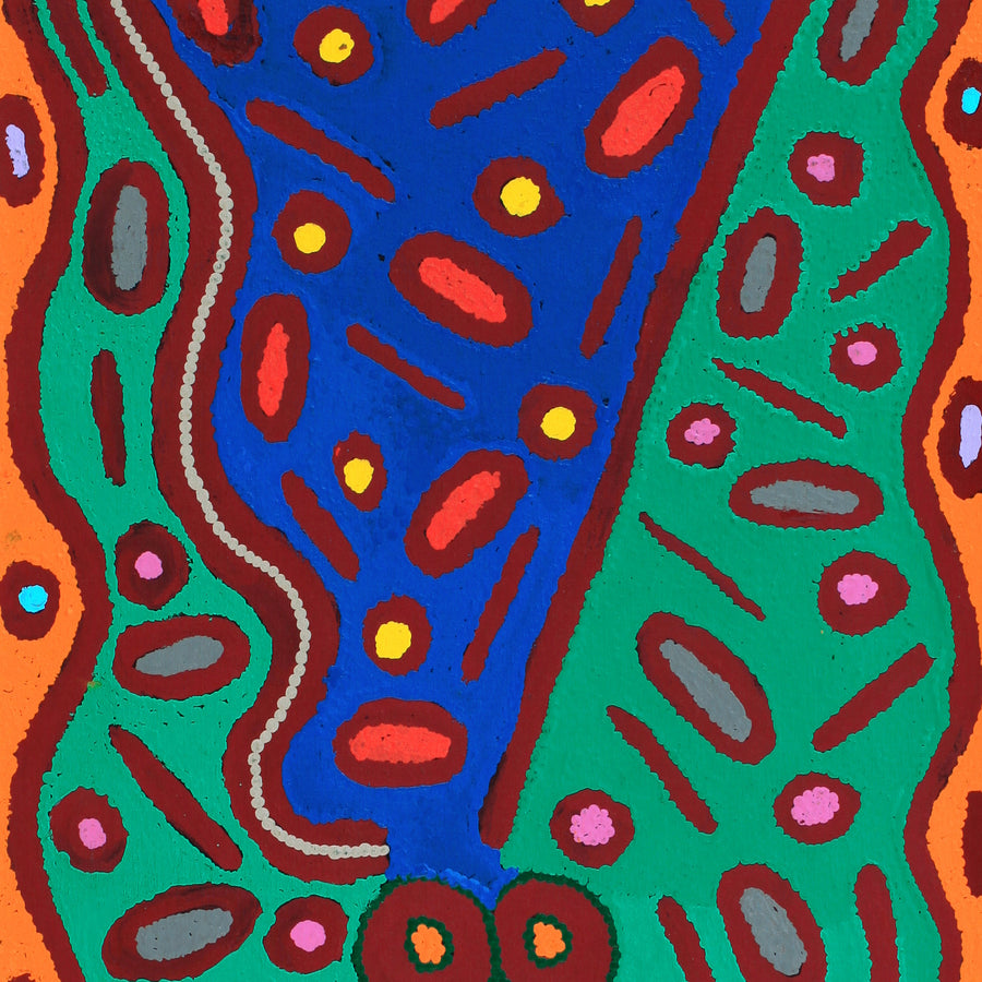 Aboriginal Artwork by Freda Napaljarri Jurrah, Witi Jukurrpa (Ceremonial Pole Dreaming) - Yanjirlpiri, 122x46cm