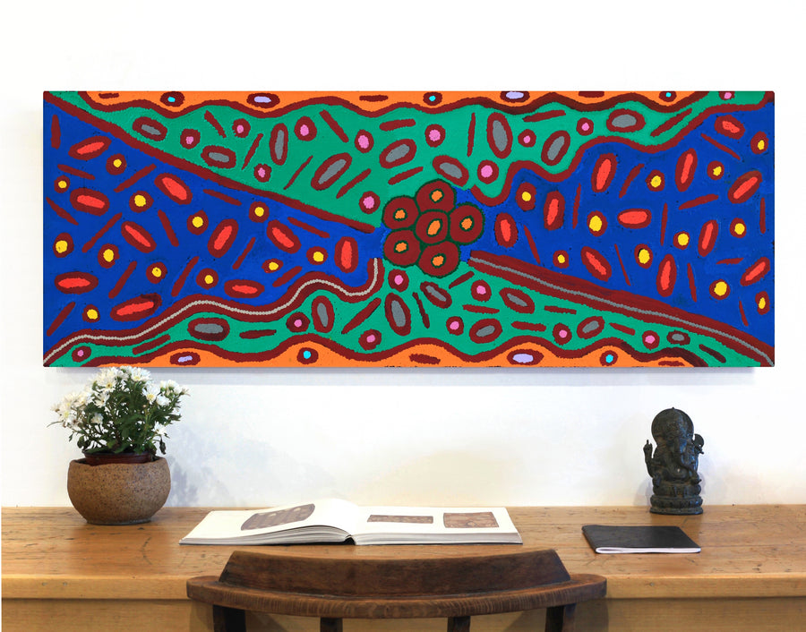 Aboriginal Artwork by Freda Napaljarri Jurrah, Witi Jukurrpa (Ceremonial Pole Dreaming) - Yanjirlpiri, 122x46cm