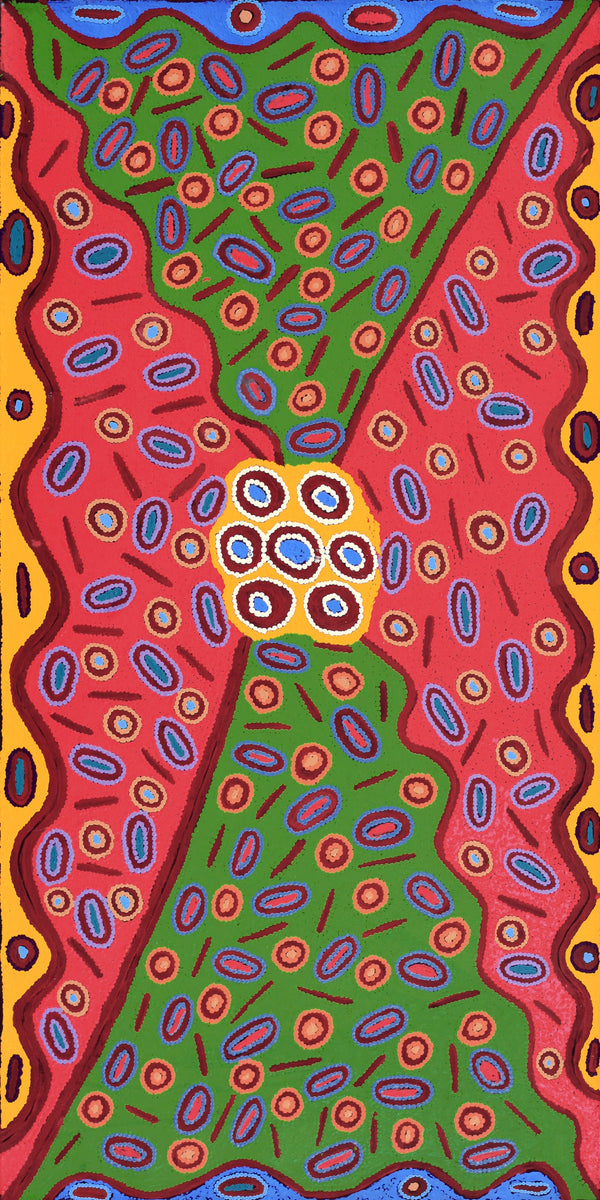 Aboriginal Art by Freda Napaljarri Jurrah, Witi Jukurrpa (Ceremonial Pole Dreaming) - Jirla, 122x61cm - ART ARK®