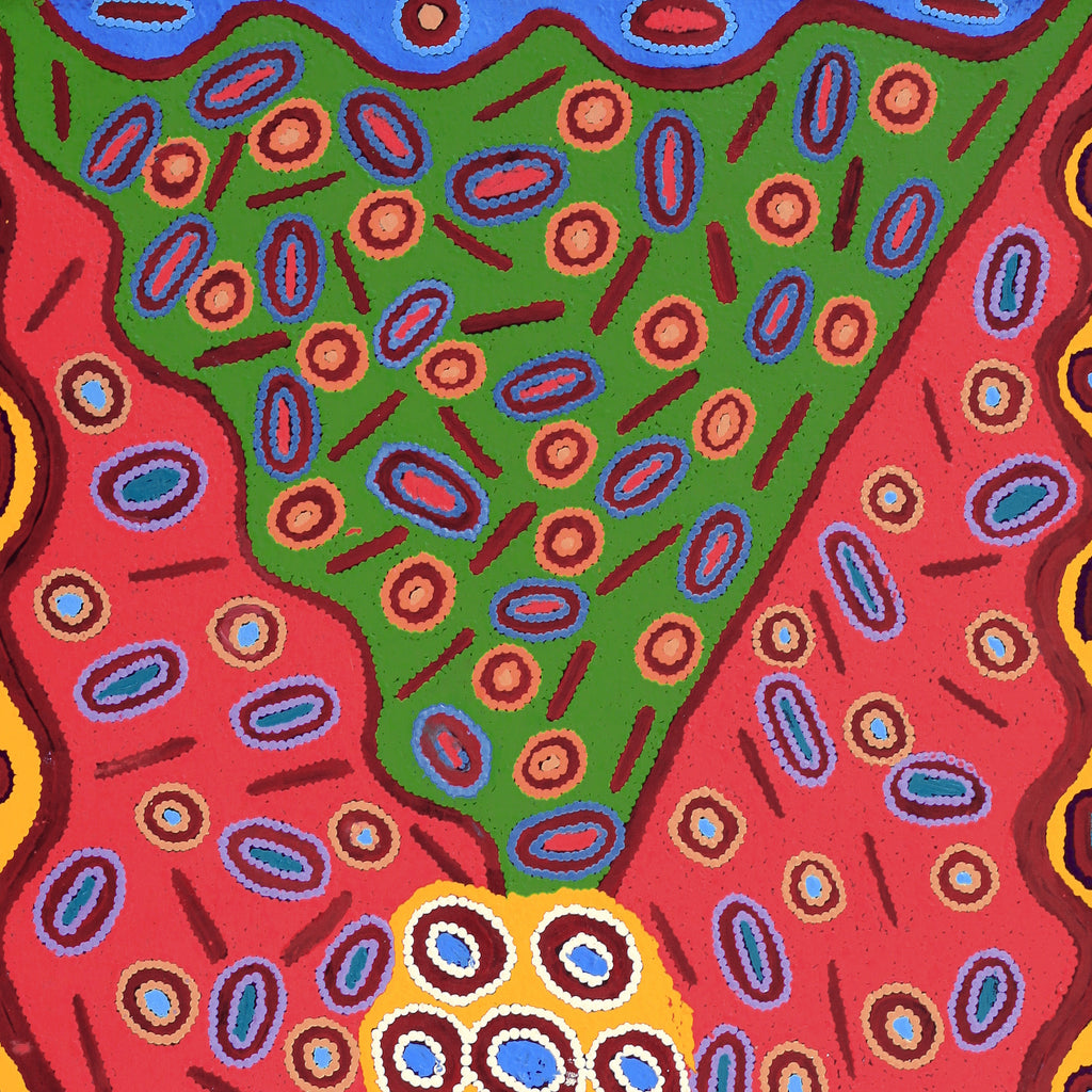 Aboriginal Artwork by Freda Napaljarri Jurrah, Witi Jukurrpa (Ceremonial Pole Dreaming) - Jirla, 122x61cm