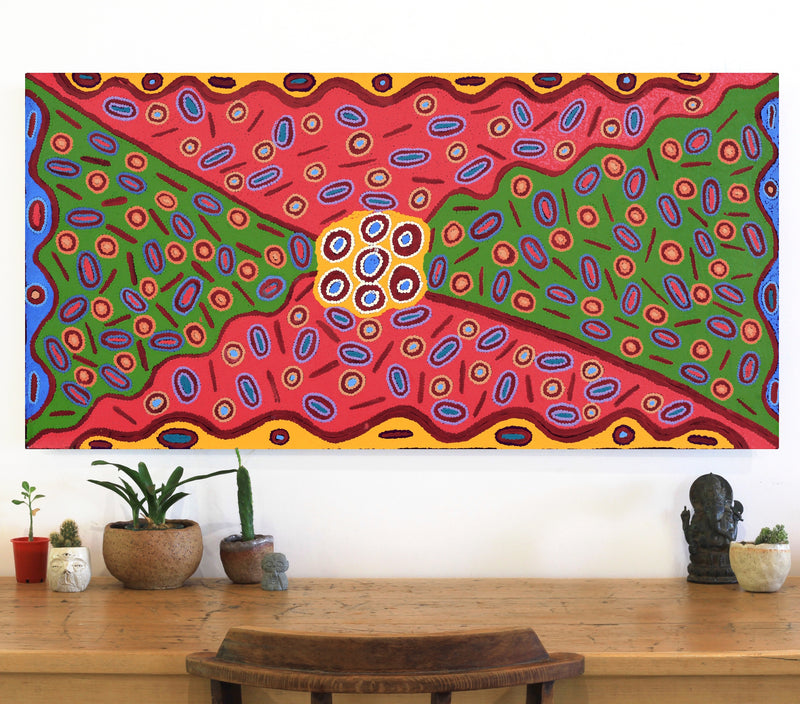 Aboriginal Artwork by Freda Napaljarri Jurrah, Witi Jukurrpa (Ceremonial Pole Dreaming) - Jirla, 122x61cm