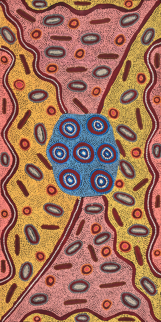 Aboriginal Art by Freda Napaljarri Jurrah, Witi Jukurrpa (Ceremonial Pole Dreaming) - Jirla, 122x61cm - ART ARK®