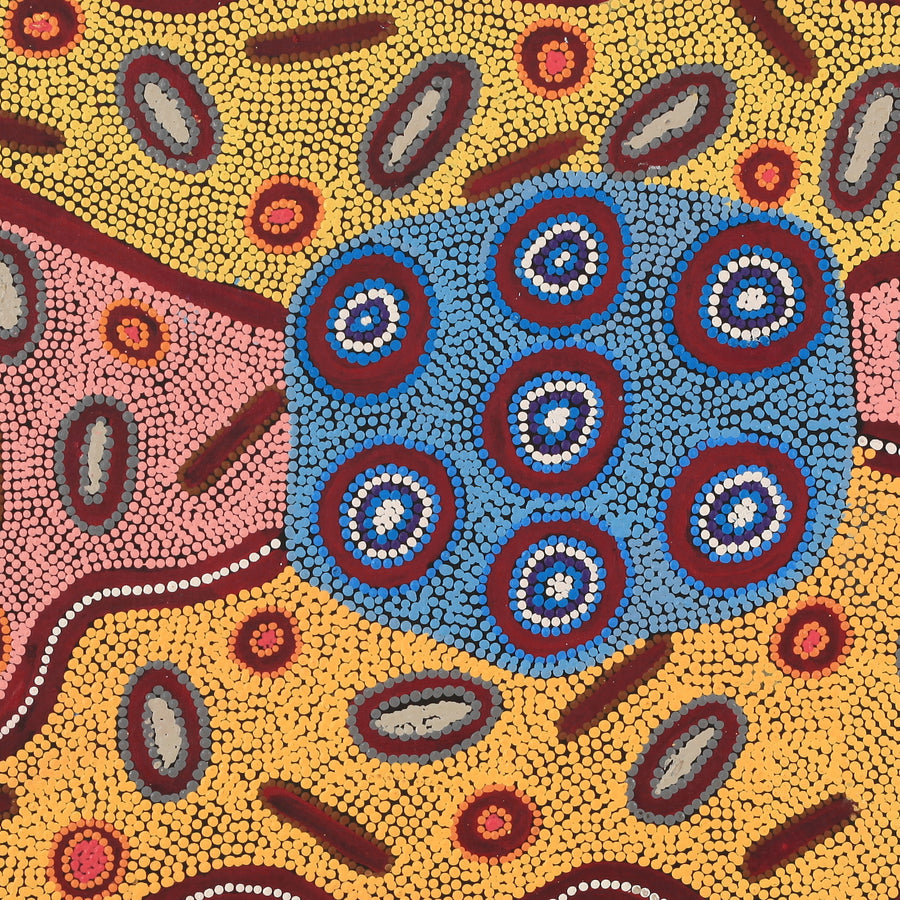 Aboriginal Artwork by Freda Napaljarri Jurrah, Witi Jukurrpa (Ceremonial Pole Dreaming) - Jirla, 122x61cm