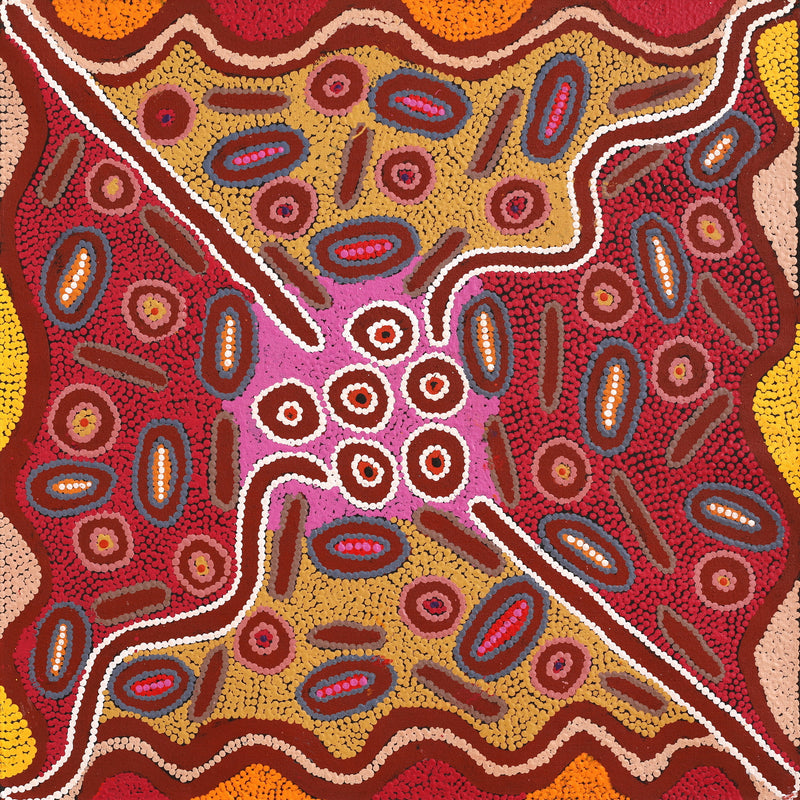 Aboriginal Artwork by Freda Napaljarri Jurrah, Witi Jukurrpa (Ceremonial Pole Dreaming) - Yanjirlpiri, 61x61cm