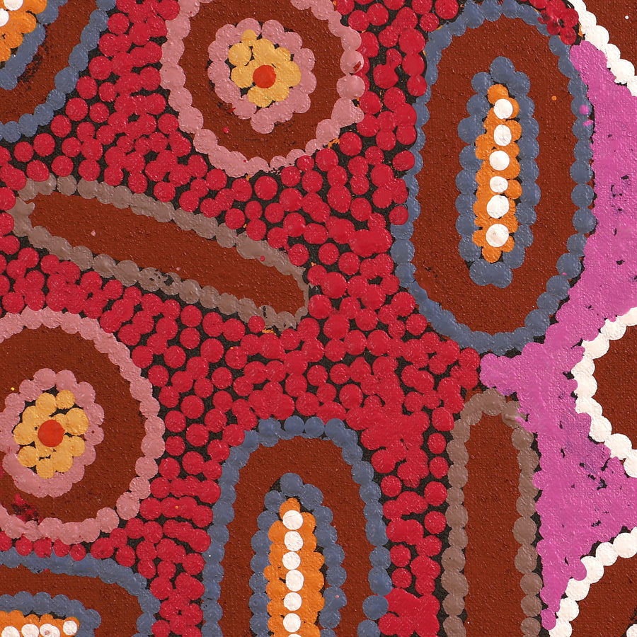 Aboriginal Artwork by Freda Napaljarri Jurrah, Witi Jukurrpa (Ceremonial Pole Dreaming) - Yanjirlpiri, 61x61cm