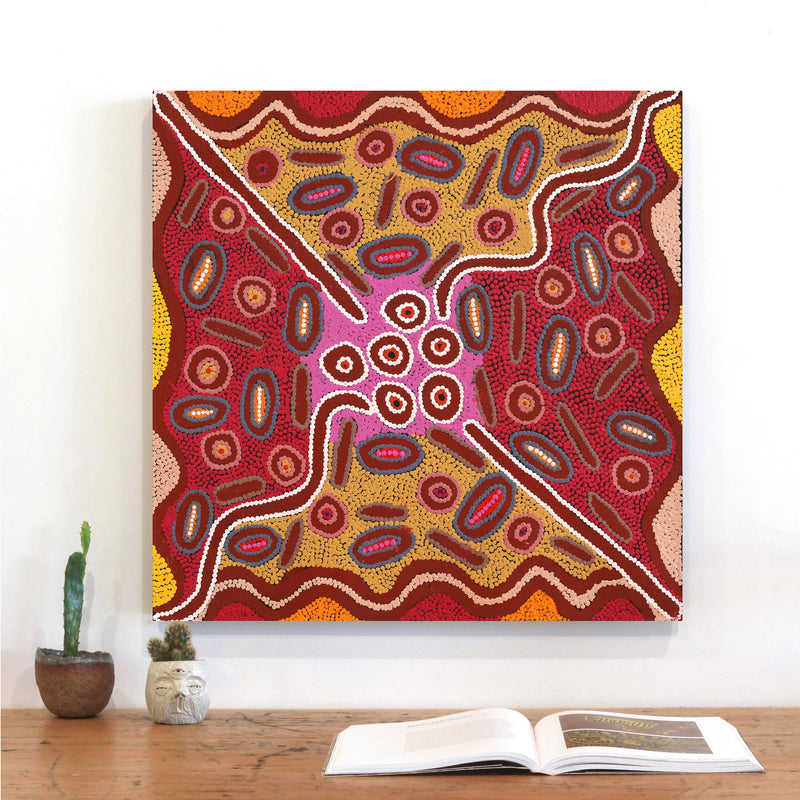 Aboriginal Artwork by Freda Napaljarri Jurrah, Witi Jukurrpa (Ceremonial Pole Dreaming) - Yanjirlpiri, 61x61cm