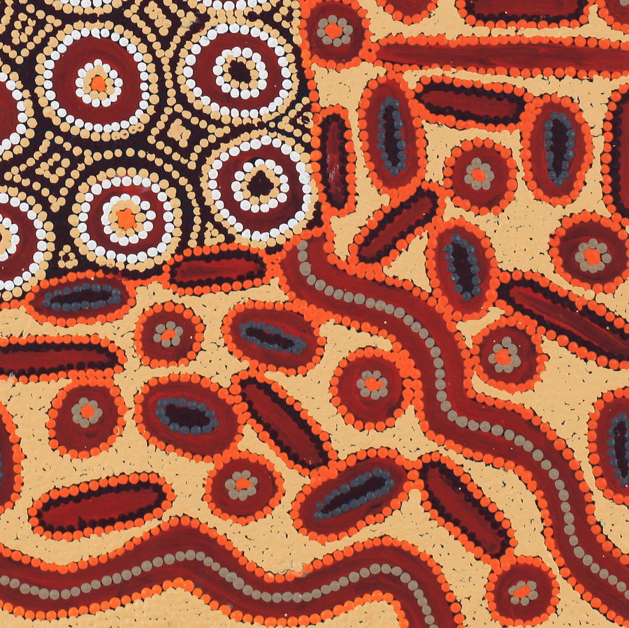 Aboriginal Artwork by Freda Napaljarri Jurrah, Witi Jukurrpa (Ceremonial Pole Dreaming) - Yanjirlpiri, 61x61cm