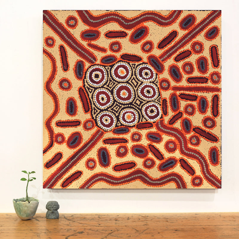 Aboriginal Artwork by Freda Napaljarri Jurrah, Witi Jukurrpa (Ceremonial Pole Dreaming) - Yanjirlpiri, 61x61cm