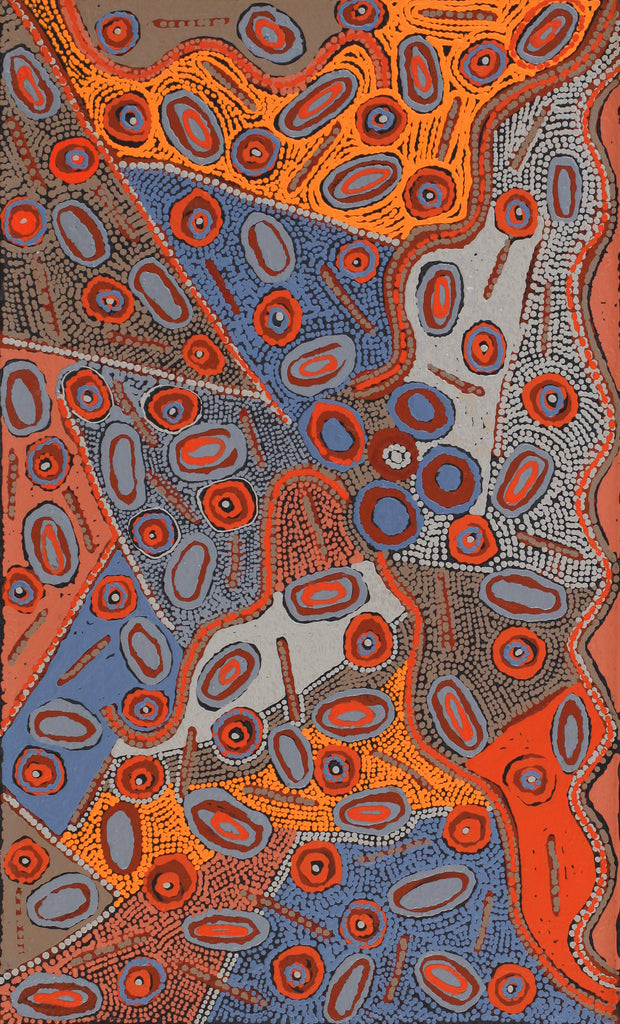 Aboriginal Artwork by Freda Napaljarri Jurrah, Witi Jukurrpa (Ceremonial Pole Dreaming) - Yanjirlpiri, 76x46cm