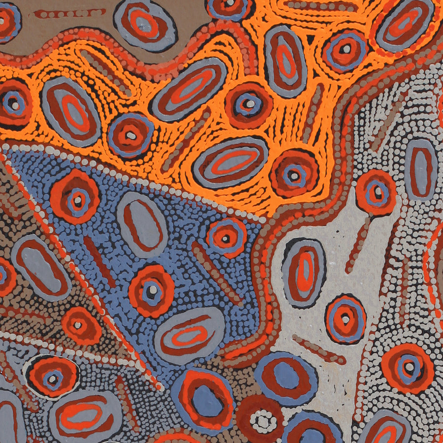Aboriginal Artwork by Freda Napaljarri Jurrah, Witi Jukurrpa (Ceremonial Pole Dreaming) - Yanjirlpiri, 76x46cm