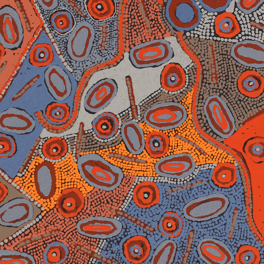 Aboriginal Artwork by Freda Napaljarri Jurrah, Witi Jukurrpa (Ceremonial Pole Dreaming) - Yanjirlpiri, 76x46cm