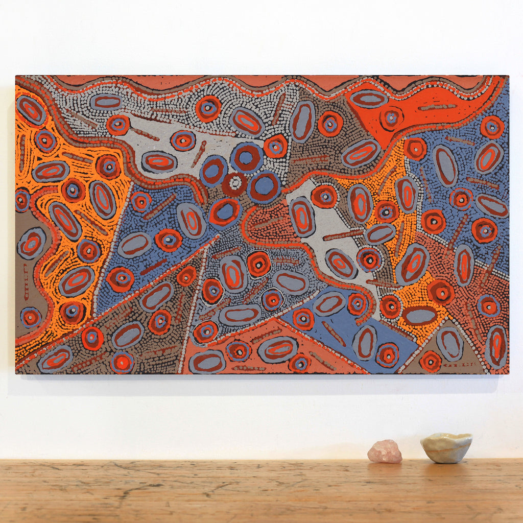 Aboriginal Artwork by Freda Napaljarri Jurrah, Witi Jukurrpa (Ceremonial Pole Dreaming) - Yanjirlpiri, 76x46cm - ART ARK®