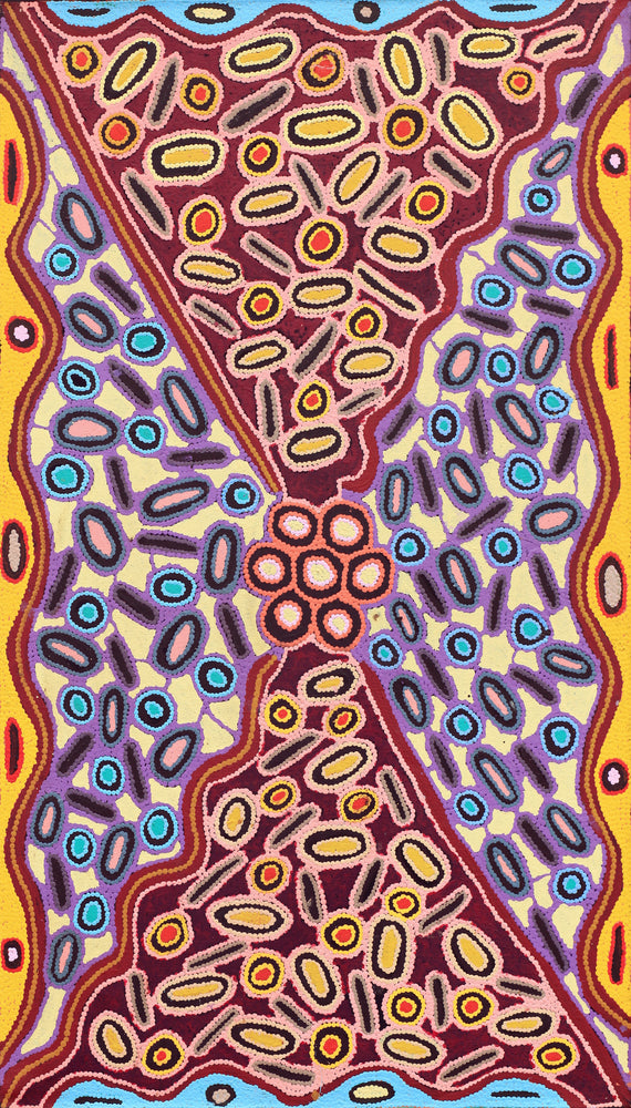 Aboriginal Artwork by Freda Napaljarri Jurrah, Witi Jukurrpa (Ceremonial Pole Dreaming) - Yanjirlpiri, 107x61cm