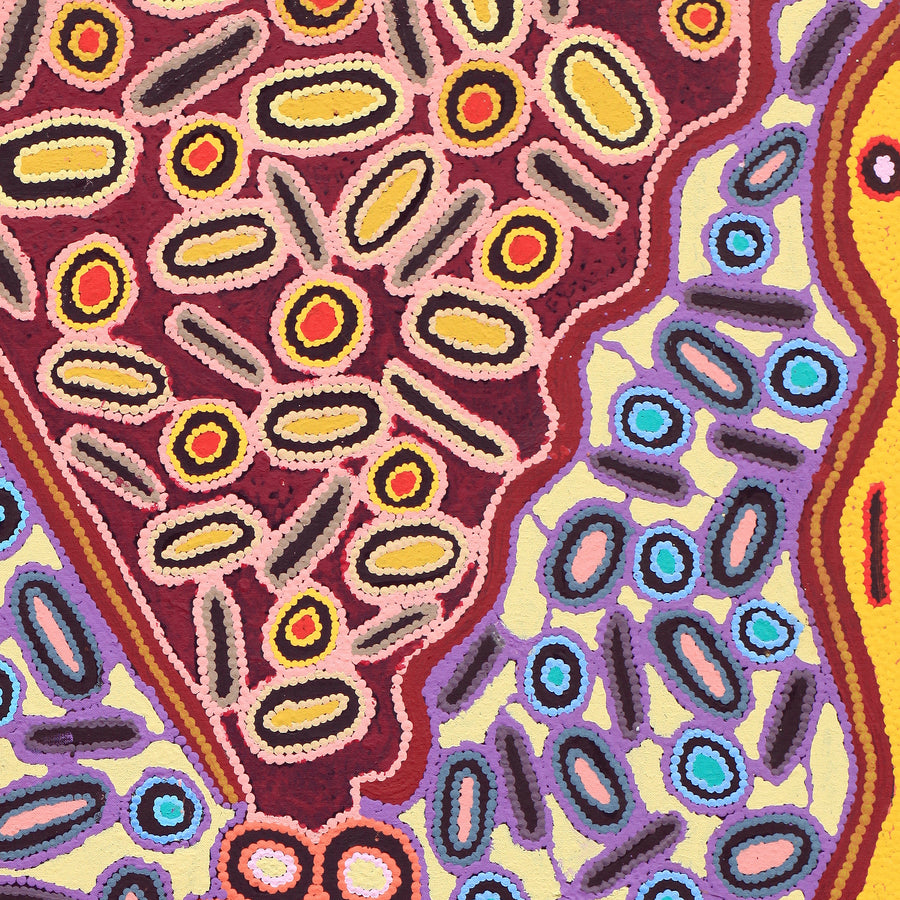 Aboriginal Artwork by Freda Napaljarri Jurrah, Witi Jukurrpa (Ceremonial Pole Dreaming) - Yanjirlpiri, 107x61cm