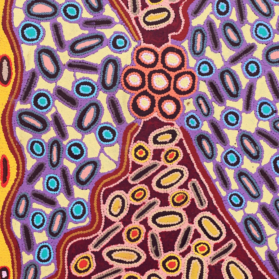 Aboriginal Artwork by Freda Napaljarri Jurrah, Witi Jukurrpa (Ceremonial Pole Dreaming) - Yanjirlpiri, 107x61cm