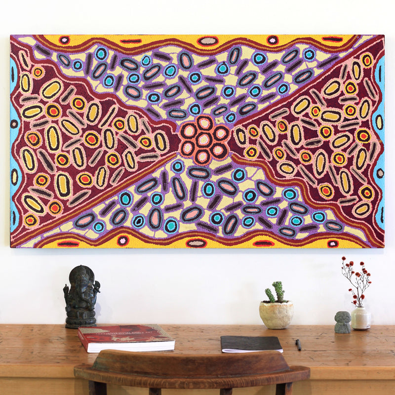 Aboriginal Artwork by Freda Napaljarri Jurrah, Witi Jukurrpa (Ceremonial Pole Dreaming) - Yanjirlpiri, 107x61cm