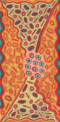 Aboriginal Artwork by Freda Napaljarri Jurrah, Witi Jukurrpa (Ceremonial Pole Dreaming) - Jirla, 122x61cm