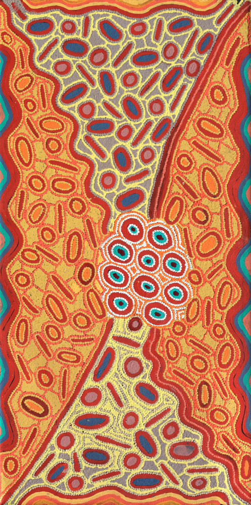 Aboriginal Artwork by Freda Napaljarri Jurrah, Witi Jukurrpa (Ceremonial Pole Dreaming) - Jirla, 122x61cm