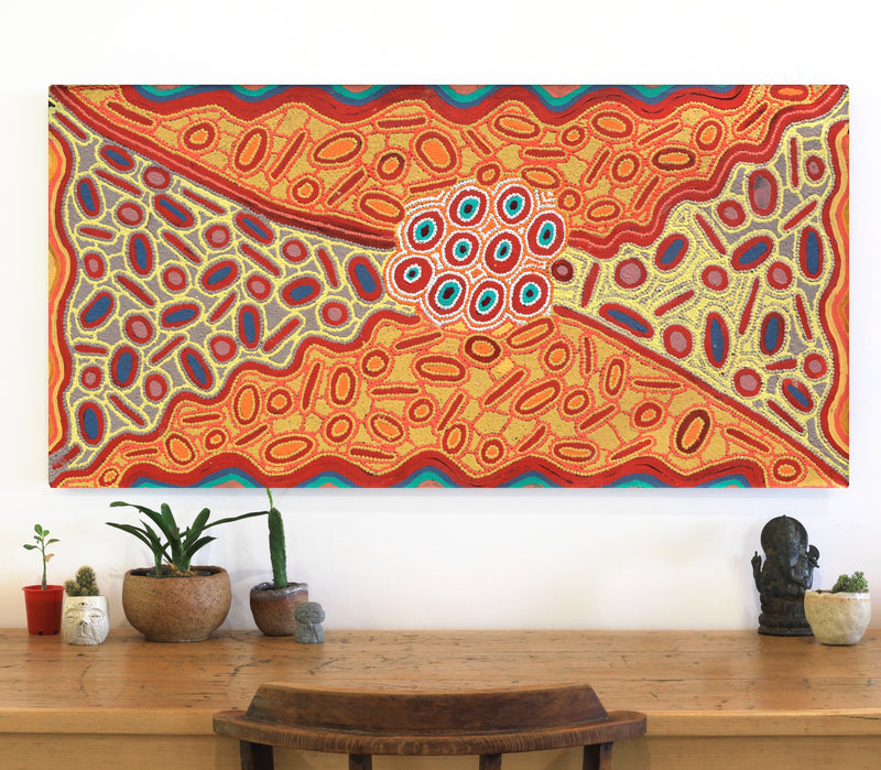Aboriginal Artwork by Freda Napaljarri Jurrah, Witi Jukurrpa (Ceremonial Pole Dreaming) - Jirla, 122x61cm