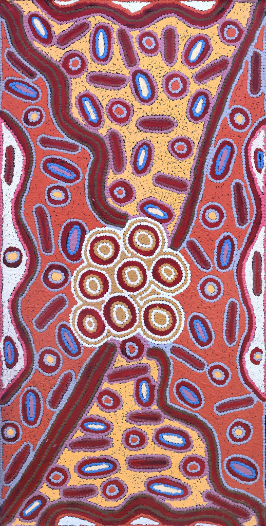 Aboriginal Artwork by Freda Napaljarri Jurrah, Witi Jukurrpa (Ceremonial Pole Dreaming) - Jirla, 91x46cm