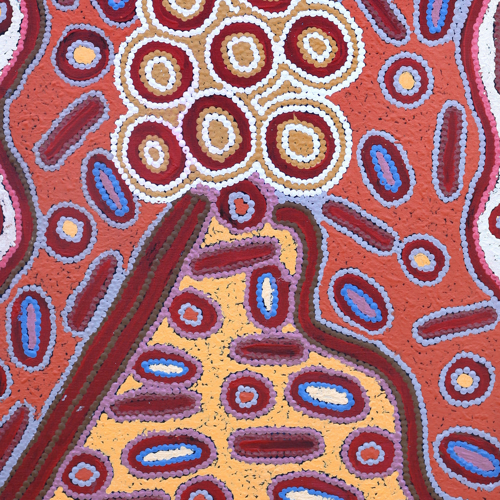 Aboriginal Artwork by Freda Napaljarri Jurrah, Witi Jukurrpa (Ceremonial Pole Dreaming) - Jirla, 91x46cm