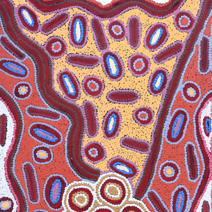 Aboriginal Artwork by Freda Napaljarri Jurrah, Witi Jukurrpa (Ceremonial Pole Dreaming) - Jirla, 91x46cm
