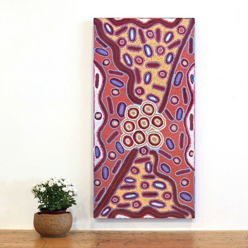 Aboriginal Artwork by Freda Napaljarri Jurrah, Witi Jukurrpa (Ceremonial Pole Dreaming) - Jirla, 91x46cm