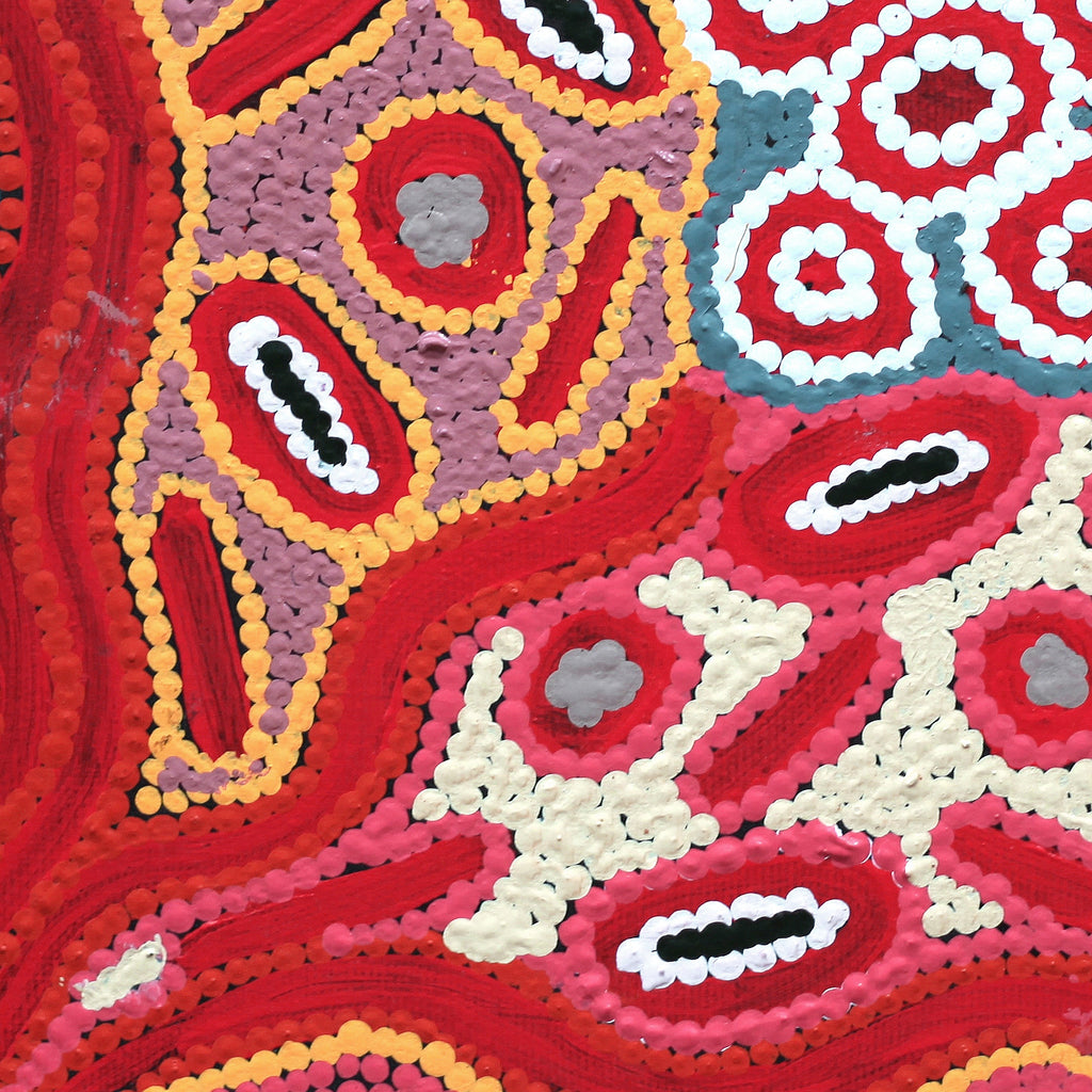 Aboriginal Artwork by Freda Napaljarri Jurrah, Witi Jukurrpa (Ceremonial Pole Dreaming) - Jirla, 30x30cm