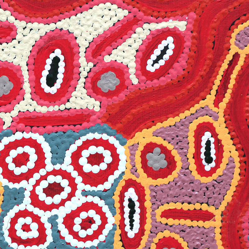 Aboriginal Artwork by Freda Napaljarri Jurrah, Witi Jukurrpa (Ceremonial Pole Dreaming) - Jirla, 30x30cm