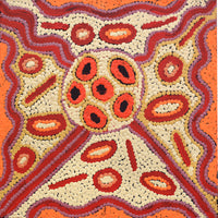 Aboriginal Artwork by Freda Napaljarri Jurrah, Witi Jukurrpa (Ceremonial Pole Dreaming) - Jirla, 30x30cm