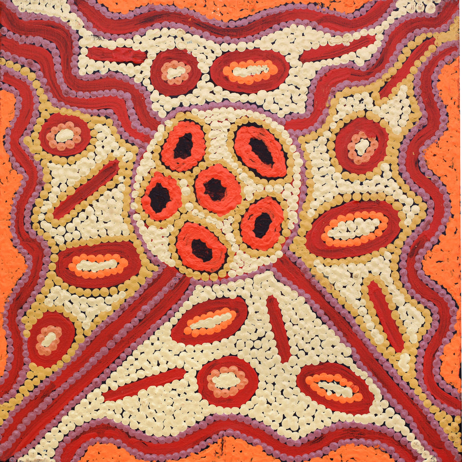 Aboriginal Artwork by Freda Napaljarri Jurrah, Witi Jukurrpa (Ceremonial Pole Dreaming) - Jirla, 30x30cm