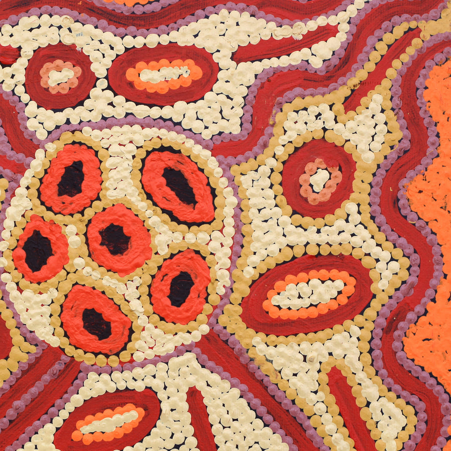 Aboriginal Artwork by Freda Napaljarri Jurrah, Witi Jukurrpa (Ceremonial Pole Dreaming) - Jirla, 30x30cm