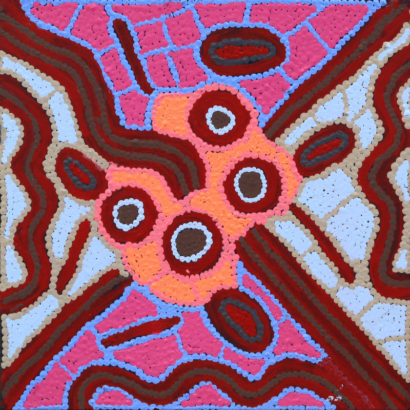 Aboriginal Artwork by Freda Napaljarri Jurrah, Witi Jukurrpa (Ceremonial Pole Dreaming) - Jirla, 30x30cm